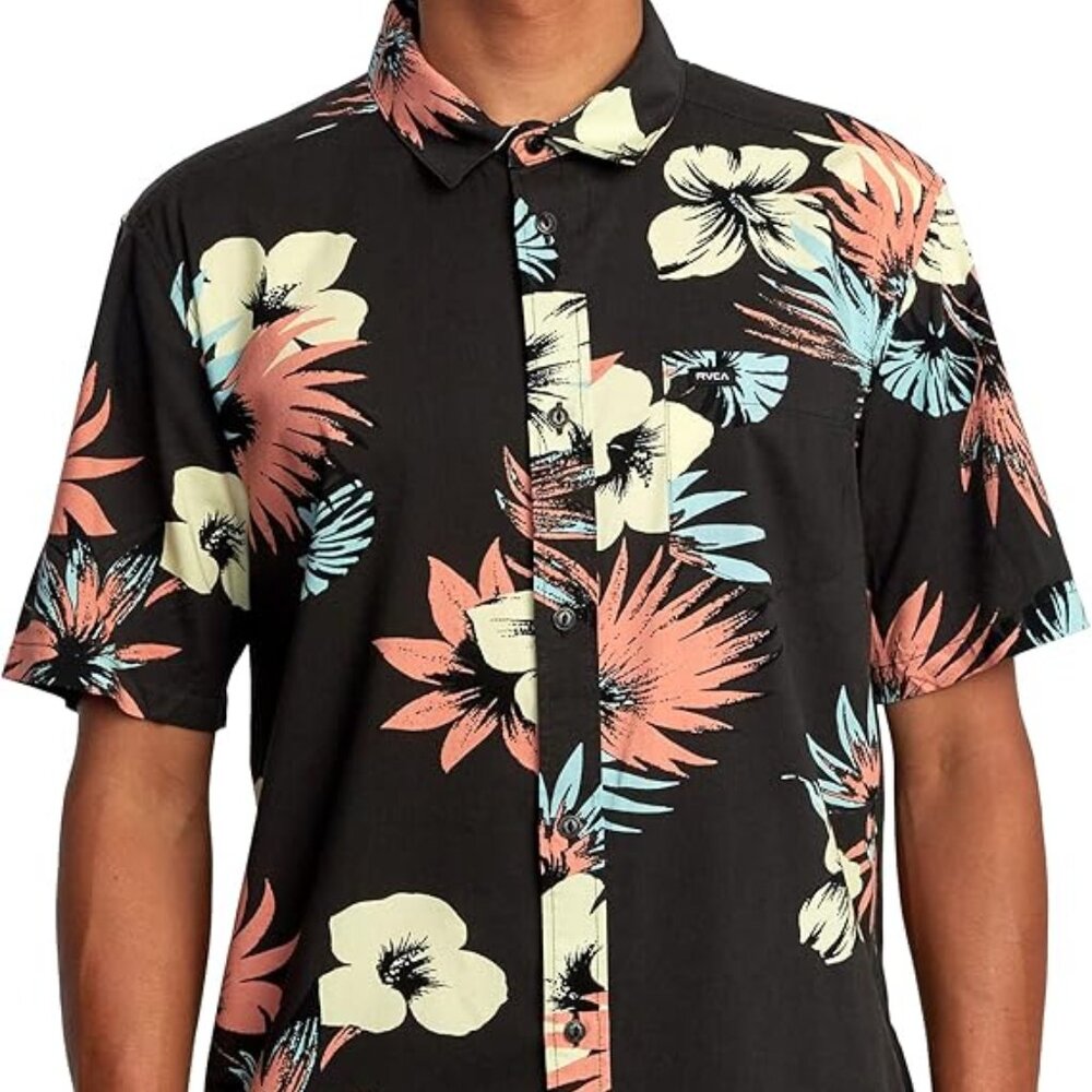 RVCA Men's Slim Fit Short Sleeve Stretch Woven Button-Up Shirt – Black I Large - Picture 2 of 5